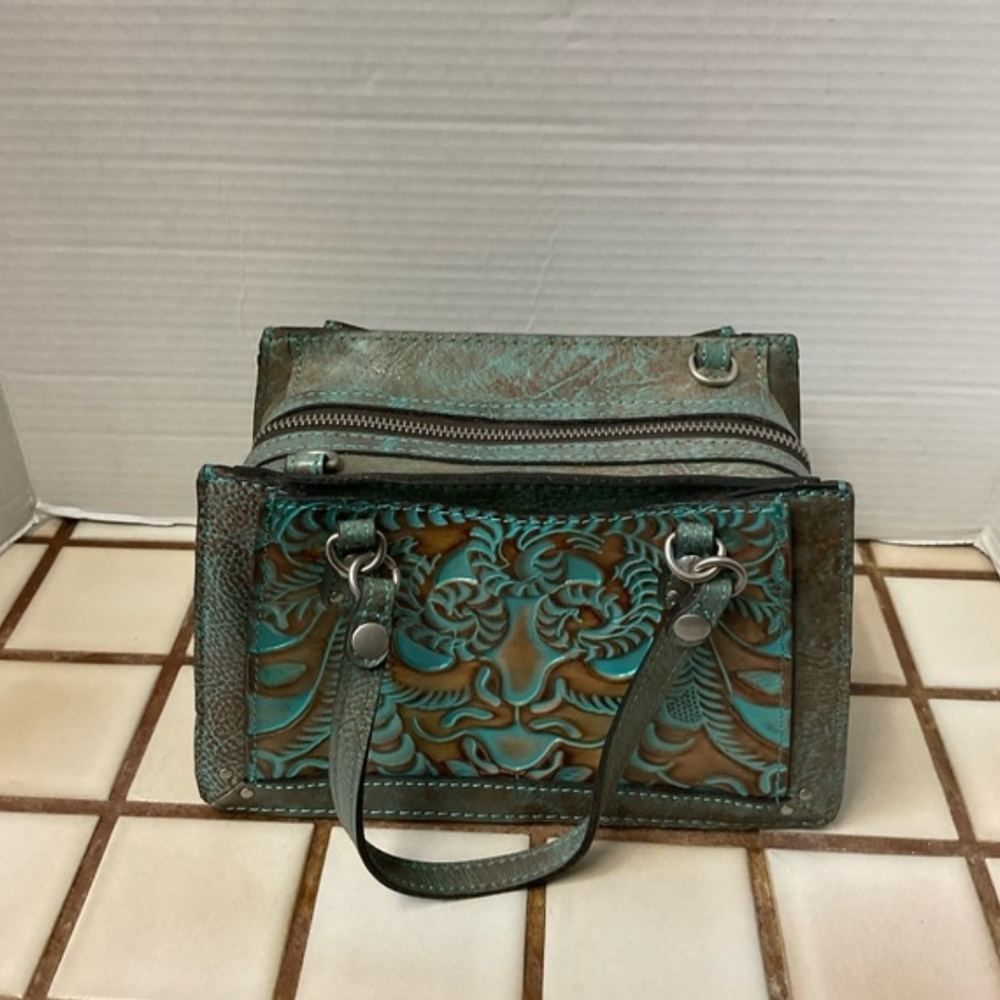 Embossed Teal and Brown Handbag